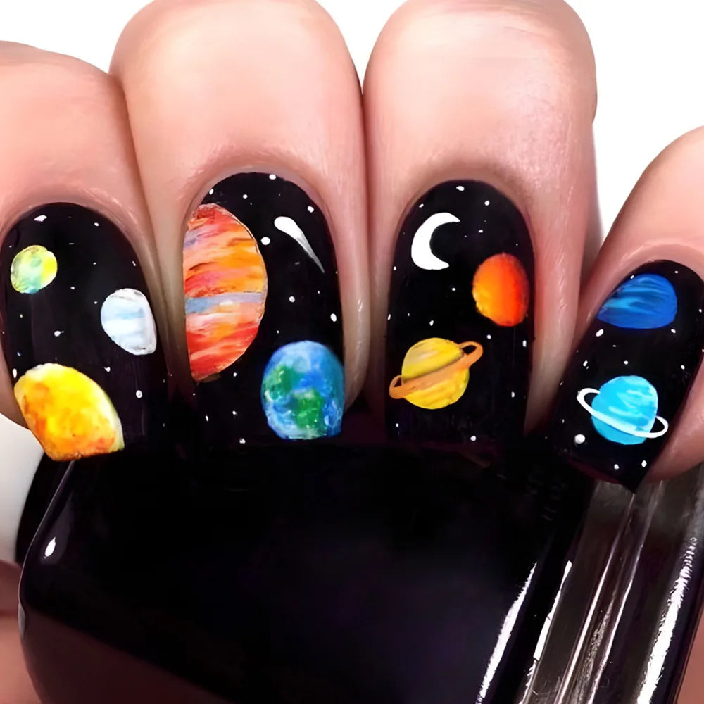 24pcs/set Medium long square fake nails for women starry sky gradient black blue purple moon star design press on false nails