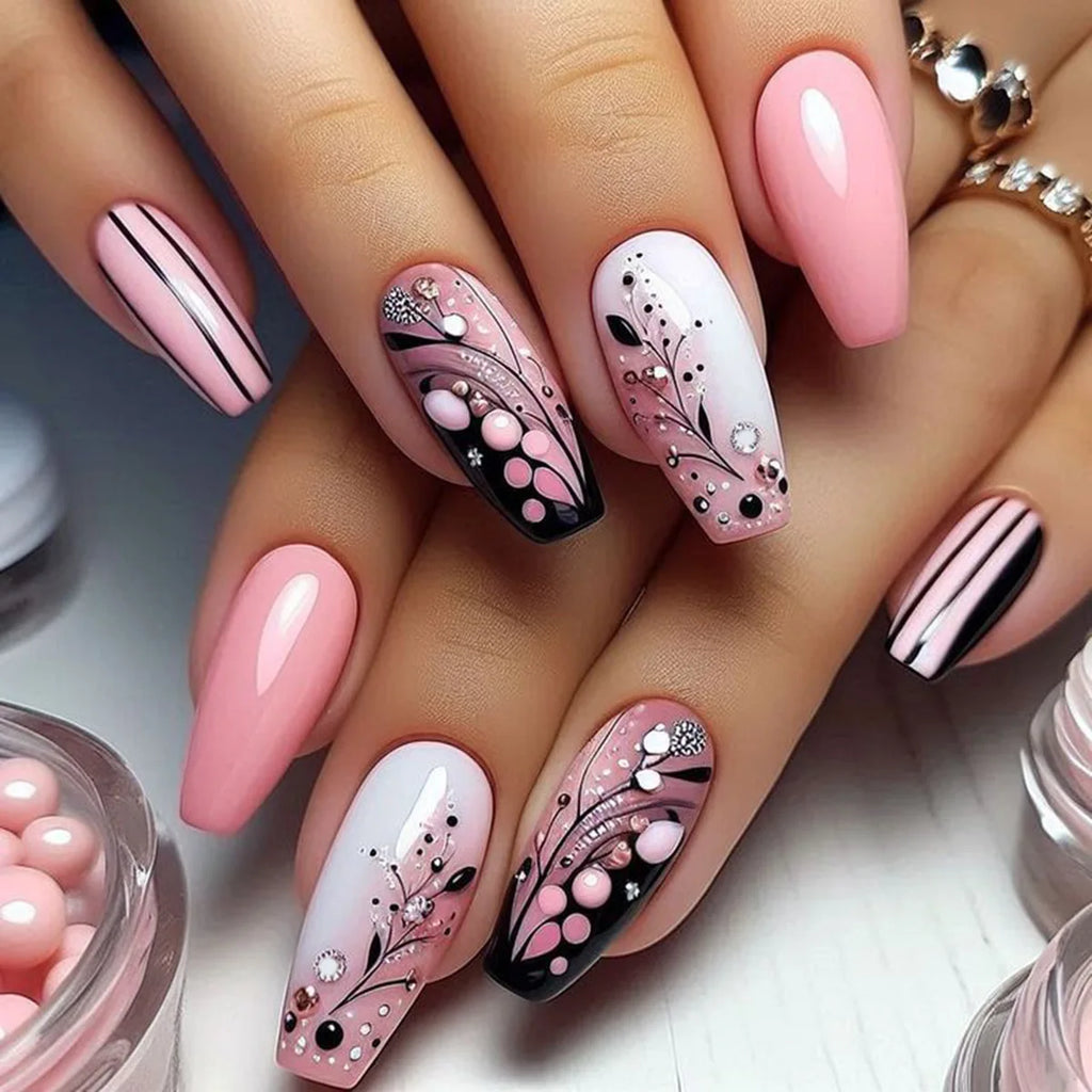 24pcs/set Medium long square fake nails for women girls cute heart flowers feather butterfly design press on false nail art tips