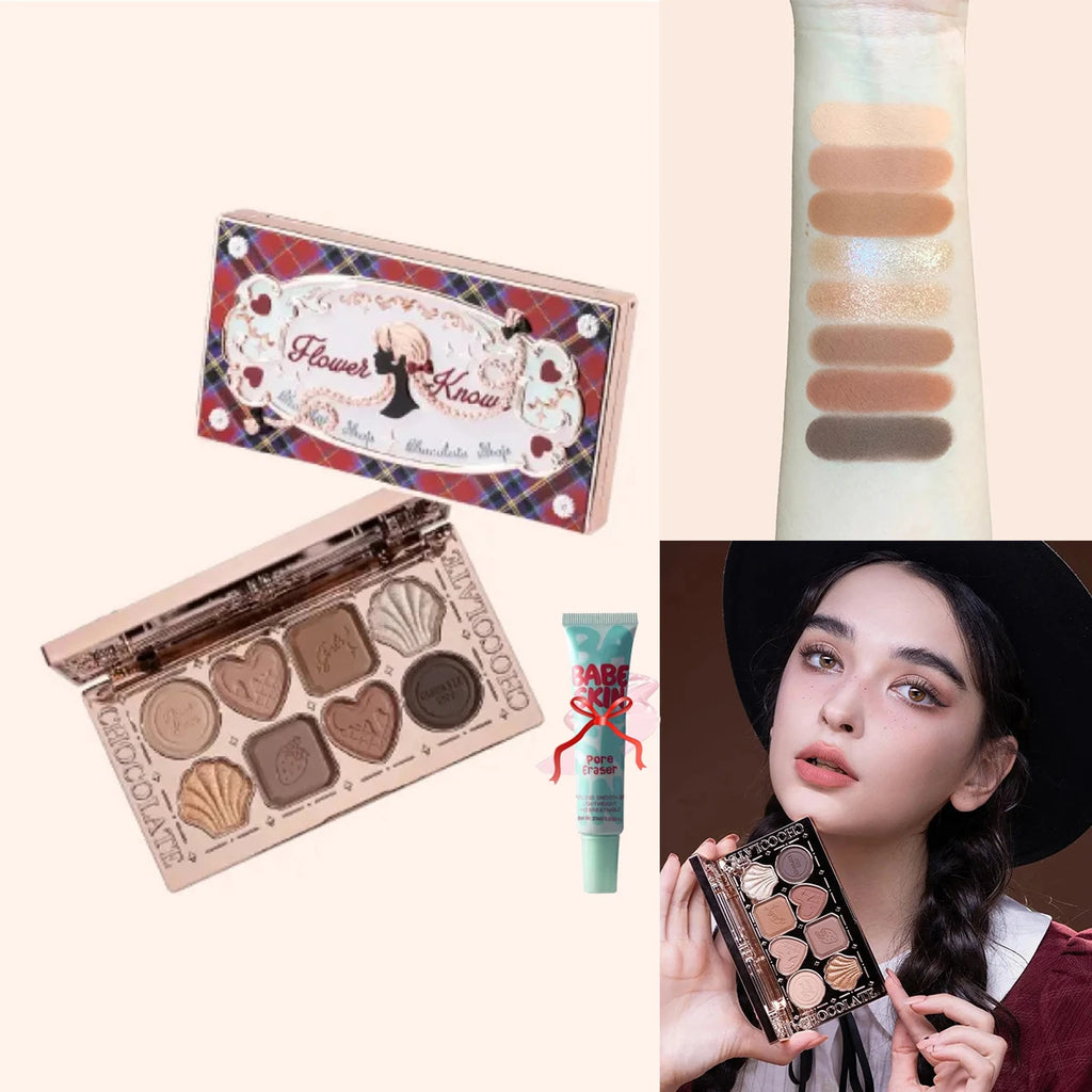 Flower Knows Chocolate Wonder-Shop 8-Color Eyeshadow Palette Matte Shimmer Waterproof Highly Pigmented Long Lasting Makeup