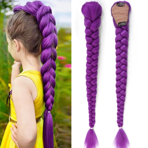 Synthetic Braided Purple Hair Ponytail Rumi Costume Hairstyle 26inch Long Ponytail with Clips for Kids Girls Halloween Christmas