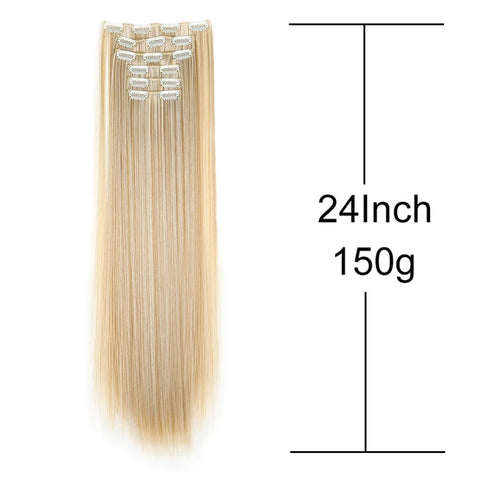Synthetic 24Inch 16 Clips in Hair Extensions Long Straight Hairstyle Blonde Black Hairpieces Heat Resistant False Hair Daily Use