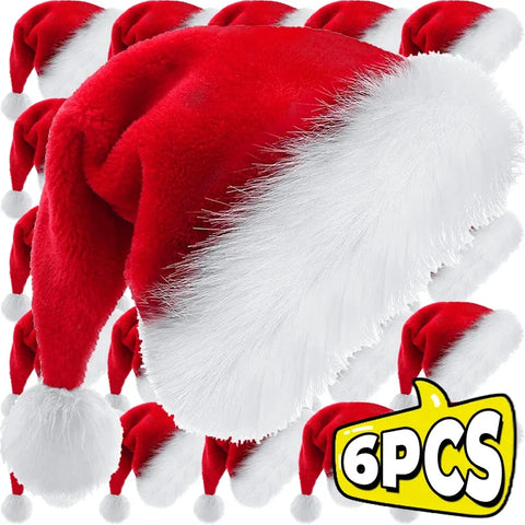 6/1PCS Plush Christmas Hat for Adults Kids Soft Velvet Thickened Santa Claus Caps Xmas New Year Hats Festival Party Decor Gifts