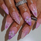 24pcs Tropical Flower Press On Nails Colorful French 3D Crystal Butterfly Shells Pattern Printed False Nails Almond Fake Nail