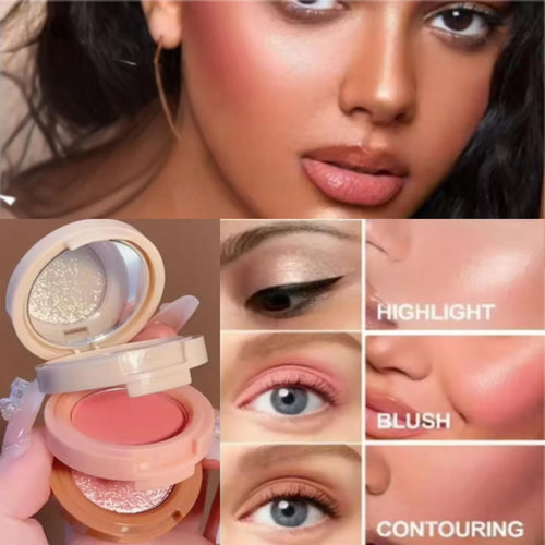 3 In 1 Blush Highlighter Palette Three-Layer All-In-One Powder Palette Pearly Blush Shiny Eyeshadow