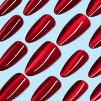 24pcs Glossy Red Cat's Eye Press On Nails Full Cover Nude Color Wearable Almond False Nails Charms Detachable Fake Nail For Girl