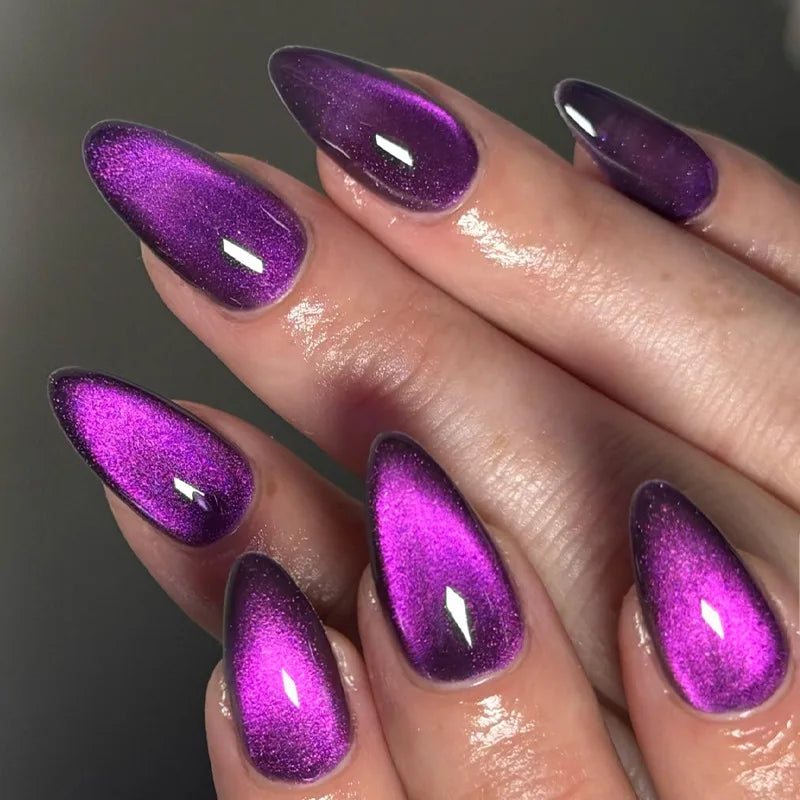 24pcs Glossy Red Cat's Eye Press On Nails Full Cover Nude Color Wearable Almond False Nails Charms Detachable Fake Nail For Girl