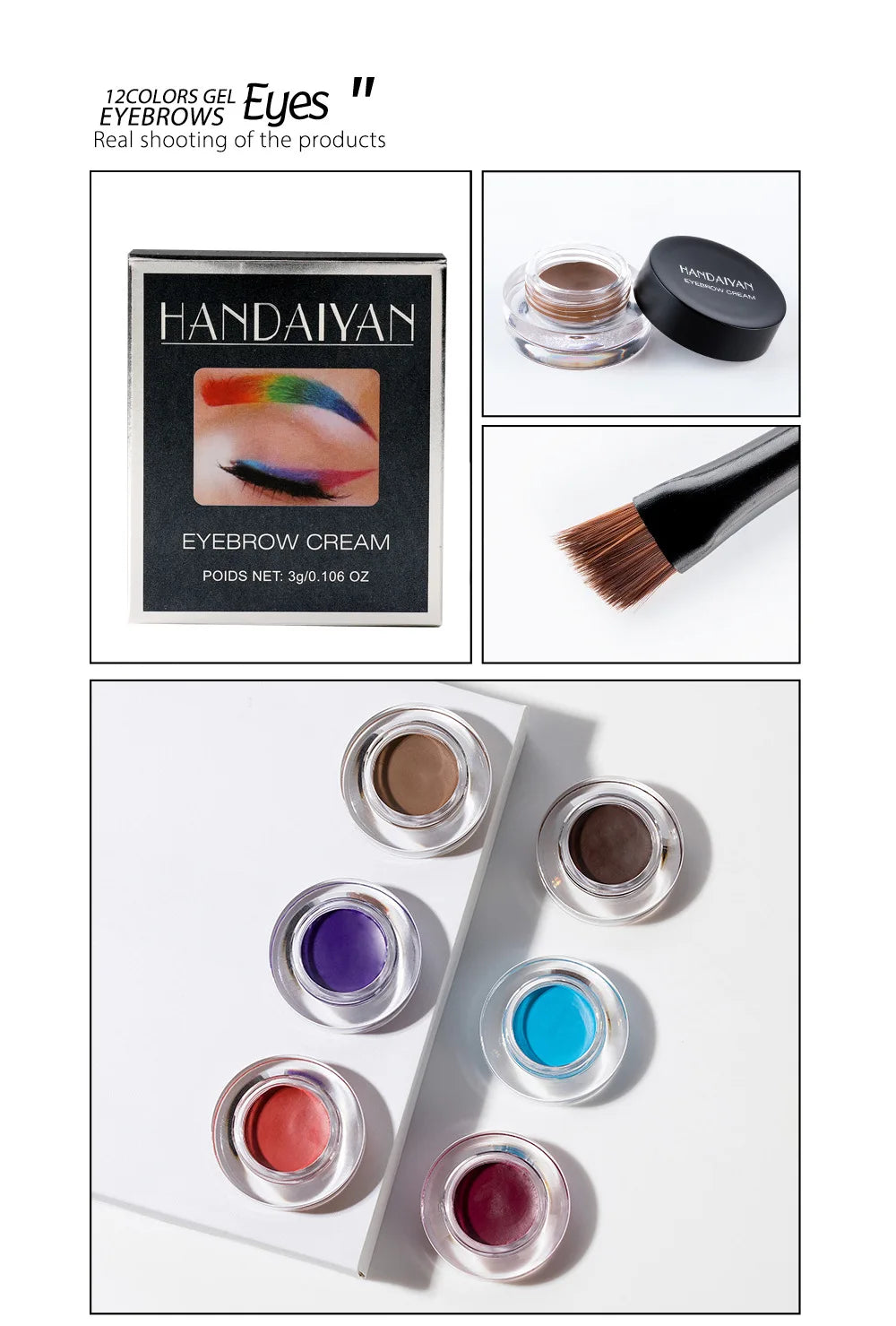 HANDAIYAN 12 Color Waterproof Eyebrow Cream Professional Eyeliner Eyebrow Gel High Brow Tint Black Eye Brow Makeup Tools