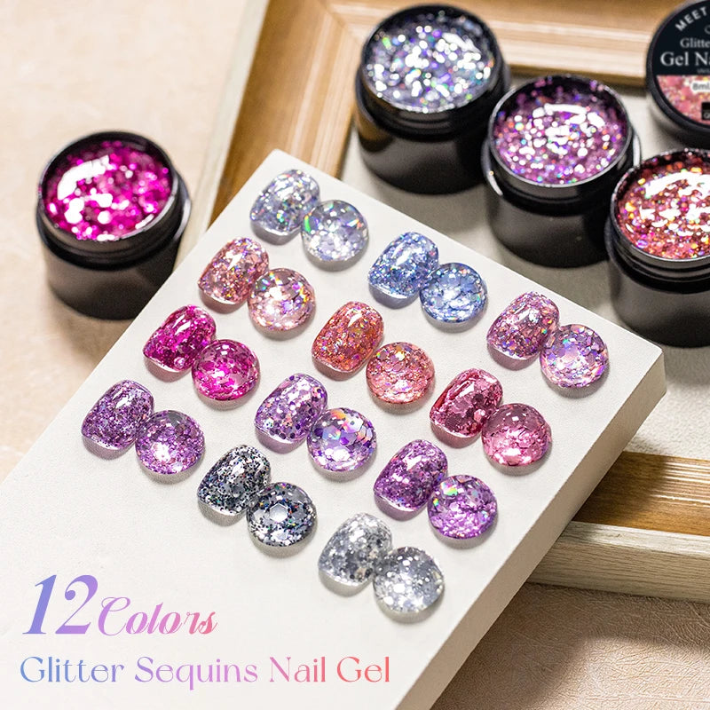 7pcs Glitter Sequins Gel Nail Polish Set Pink Silver Laser Glitter Semi Permanent Soak Off UV Gel Varnish Manicure Nail Supplies