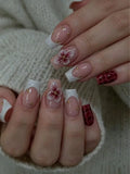 24Pcs 3D Floral French Gel Nail Stickers with Pearls, Press On Nails Set Includes Jelly Gel & Nail File