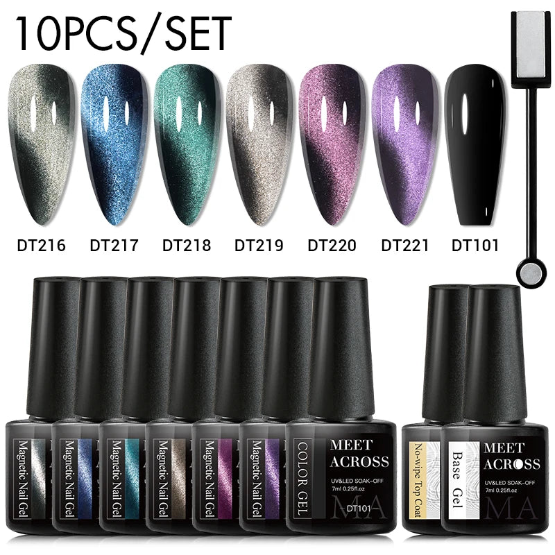 MEET ACROSS 11/9/10Pcs Cat Magnetic Gel Nail Polish 9D Magnetic Gel Semi Permanent Nail Art Soak Off UV Gel Varnish Nails Kit