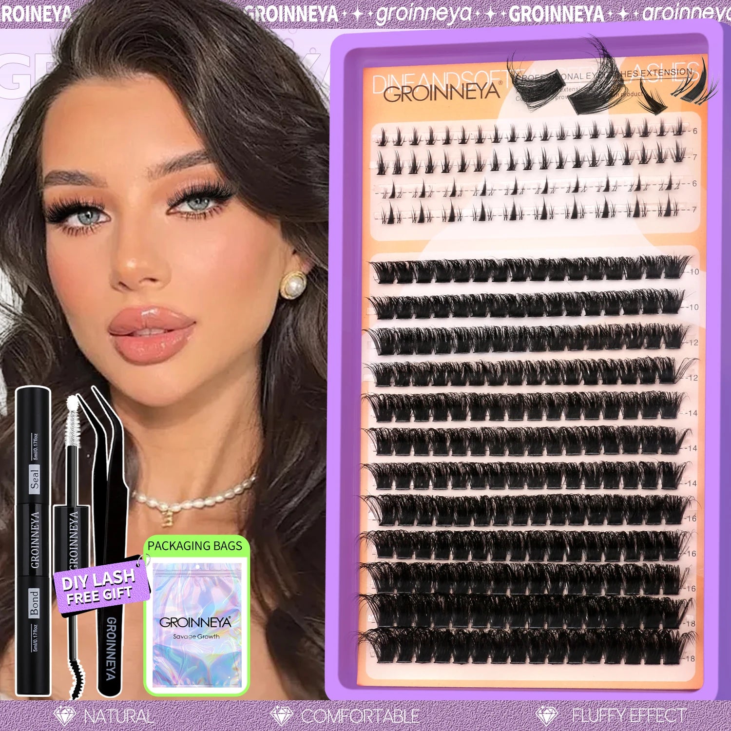 GROINNEYA Lashes Clusters Kit With Lash Bond And Seal And Eyelash Tweezers Waterproof Strong Hold DIY Lash Extension Kit Makeup