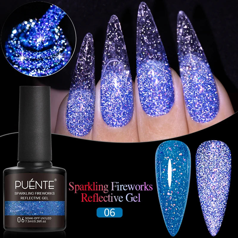 PUENTE 7.5ML Blue Laser Cat Magnetic Gel Nail Polish Sparkling Holographic Rainbow Cat Eye Gel Soak Off UV/LED Nail Art Varnish