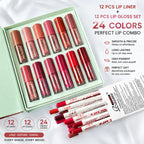12pcs Matte Liquid Lipstick Set with 12pcs Lip Liners Non-Sticky Cup Lip Gloss Gift Box Lip Care Friendly
