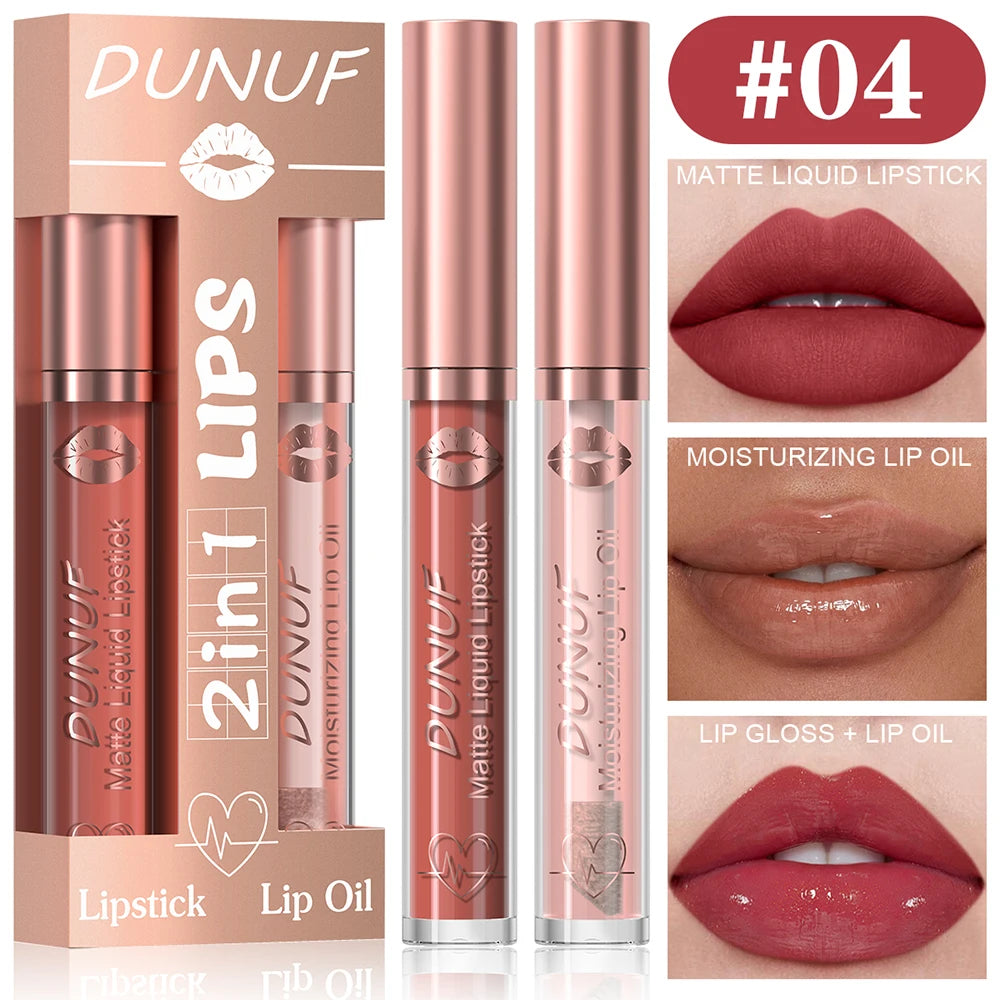 DUNUF Lip Gloss And Lip Oil Set 2-Piece Long-Lasting Waterproof Matte Moisturizing Non-Fading Lipstick Collection