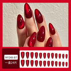 24pcs Glossy Red Cat's Eye Press On Nails Full Cover Nude Color Wearable Almond False Nails Charms Detachable Fake Nail For Girl