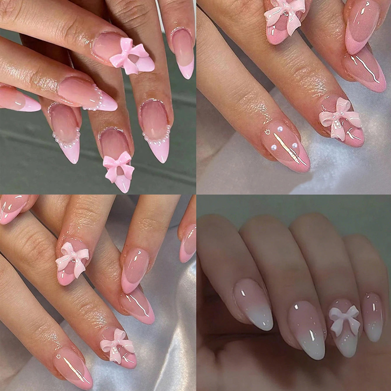 ARTAUG 96PCS Pressed French Almond False Nails With 3d Bow Pearl And Flower Designs, Reusable Acrylic False Nails