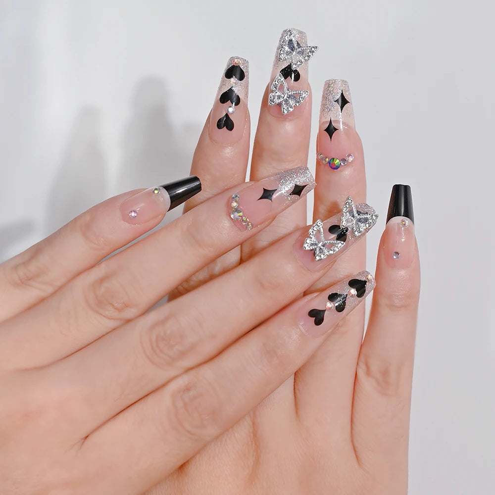 3D Flower Design French Fake Nails Love Bow Decor Mid-length Coffin Ballet Press on Nail Korean Sweet Bride Lady Fake Nails