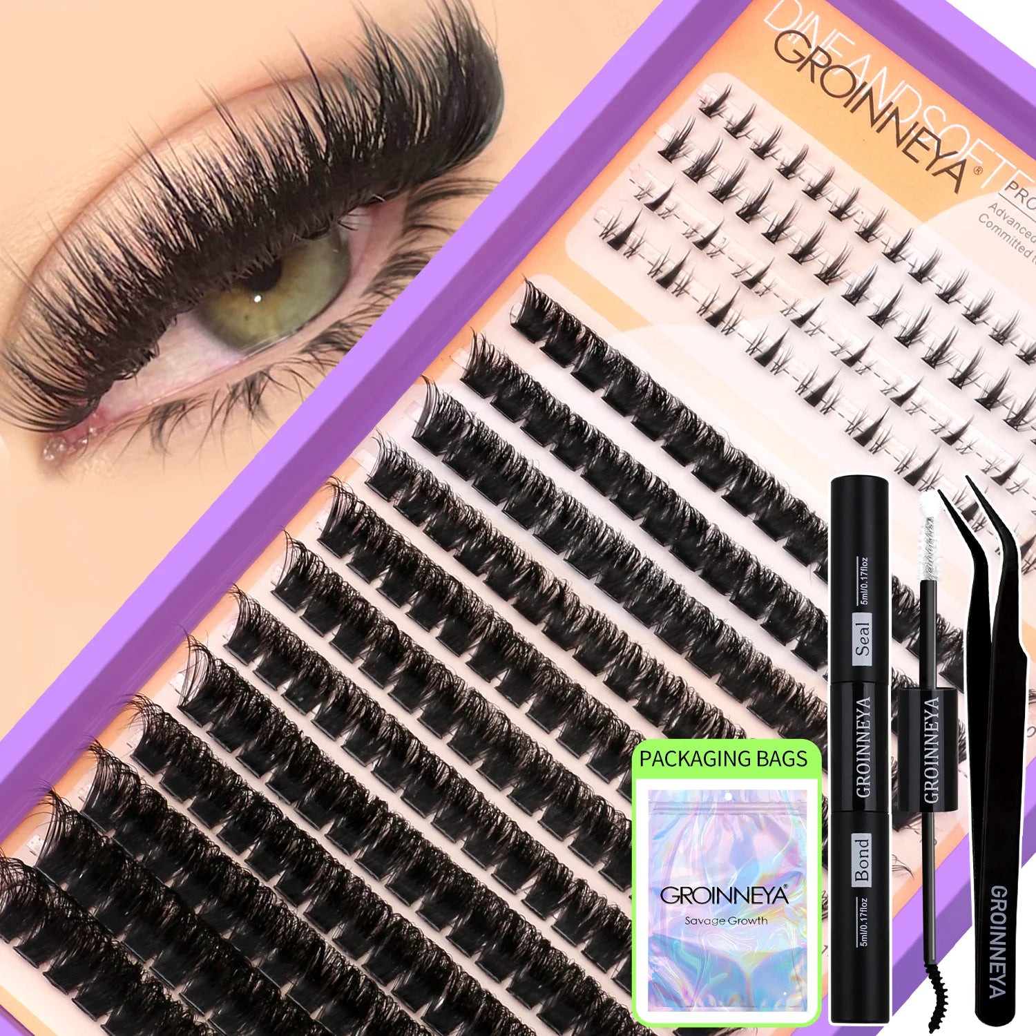 GROINNEYA Lashes Clusters Kit With Lash Bond And Seal And Eyelash Tweezers Waterproof Strong Hold DIY Lash Extension Kit Makeup