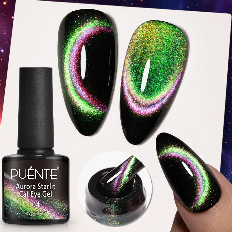PUENTE 7.5ML Sparkling Pinkish Purple Laser Cat Magnetic Gel Nail Polish Holographic Rainbow Effect Soak Off UV Nail Art Varnish