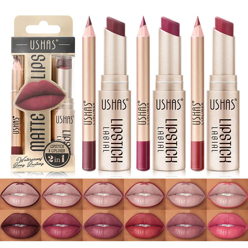 USHAS 12 Color Matte Lipstick Set Long-lasting Waterproof Lipstick + Lip Liner Set Easy Coloring Non-Stick Cup Lip Makeup Suit