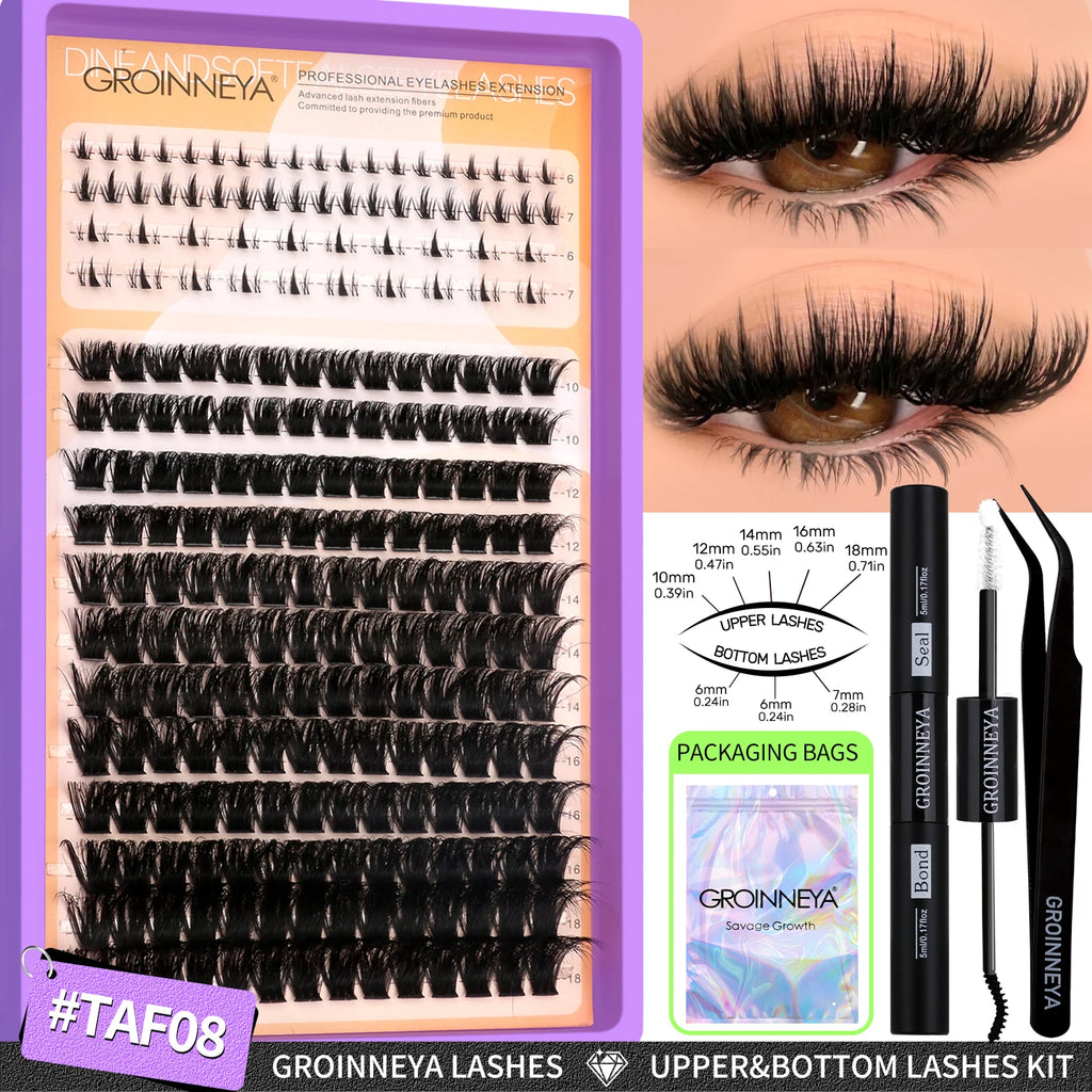 GROINNEYA Lashes Clusters Kit With Lash Bond And Seal And Eyelash Tweezers Waterproof Strong Hold DIY Lash Extension Kit Makeup