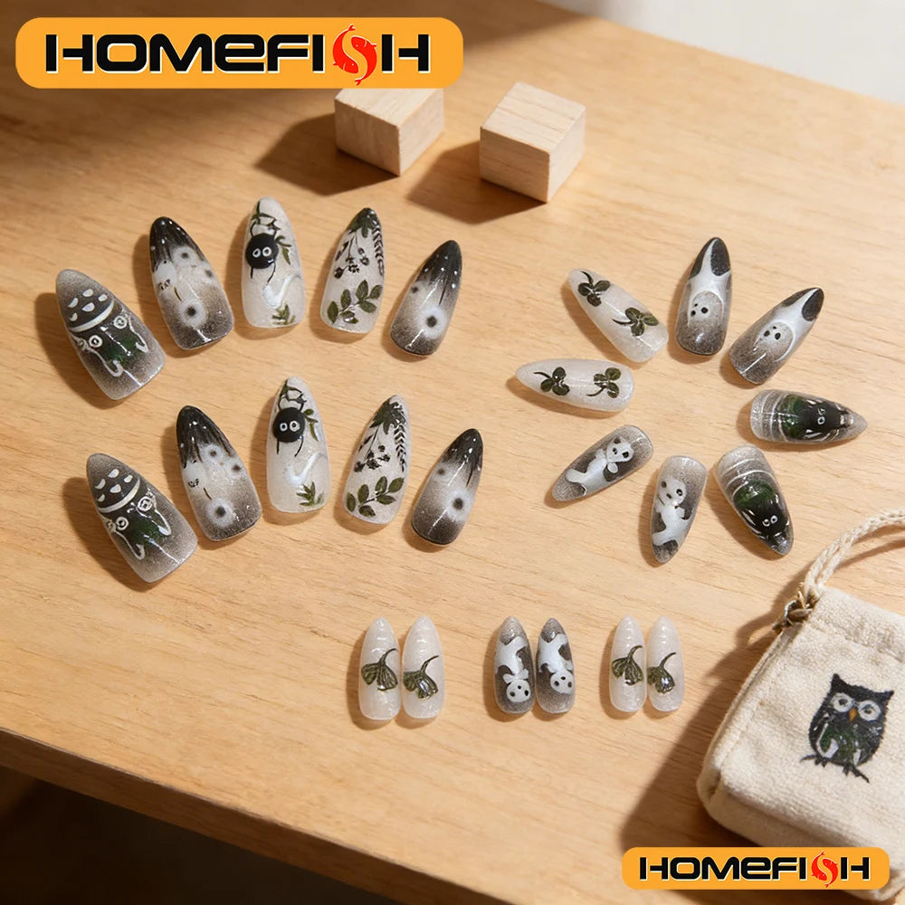 24pcs Gradient Black False Nails Cute Cartoon Cat's Eye Forest Elf Girl Press On Nails Glossy Almond Sweet Cool Fake Nail Tips
