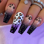 Medium long fake nails for women girls Y2K colorful gradient leopard print Pink green coffee coffin tips press on false nail set