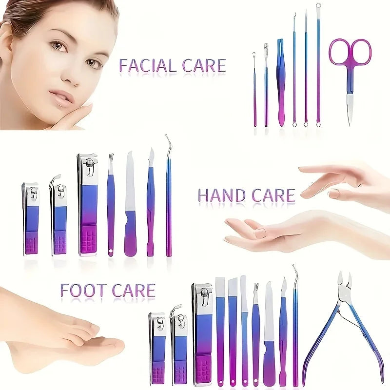 6/9/18/26pcs Manicure Set, Stainless Steel Gradient Professional Pedicure Kit Nail Scissors Grooming Kit With Travel Case