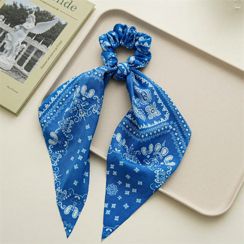 2023 Fashion Print Chiffon Long Ribbon Scrunchies Women Girls Ponytail Scarf Elastic Hair Bands Ties Hair Accessories Wholesale