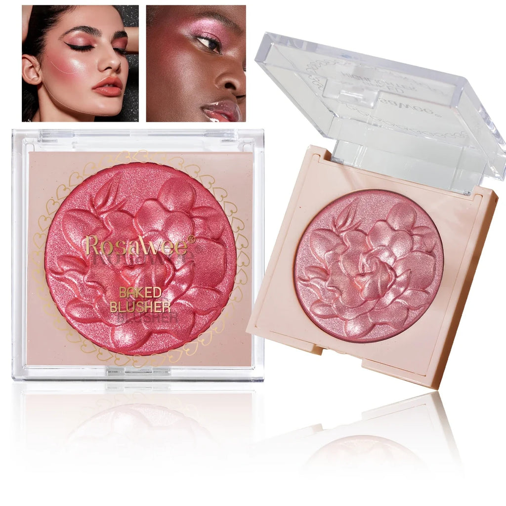 Multi-Color Glossy Blush Highlighter, Baking Process, Moisturizing and Glossy Makeup Effect, Light and Easy to Color with Texture, Facial Brightening, with Pearlescent Brightening Effect, Rose Blush Palette