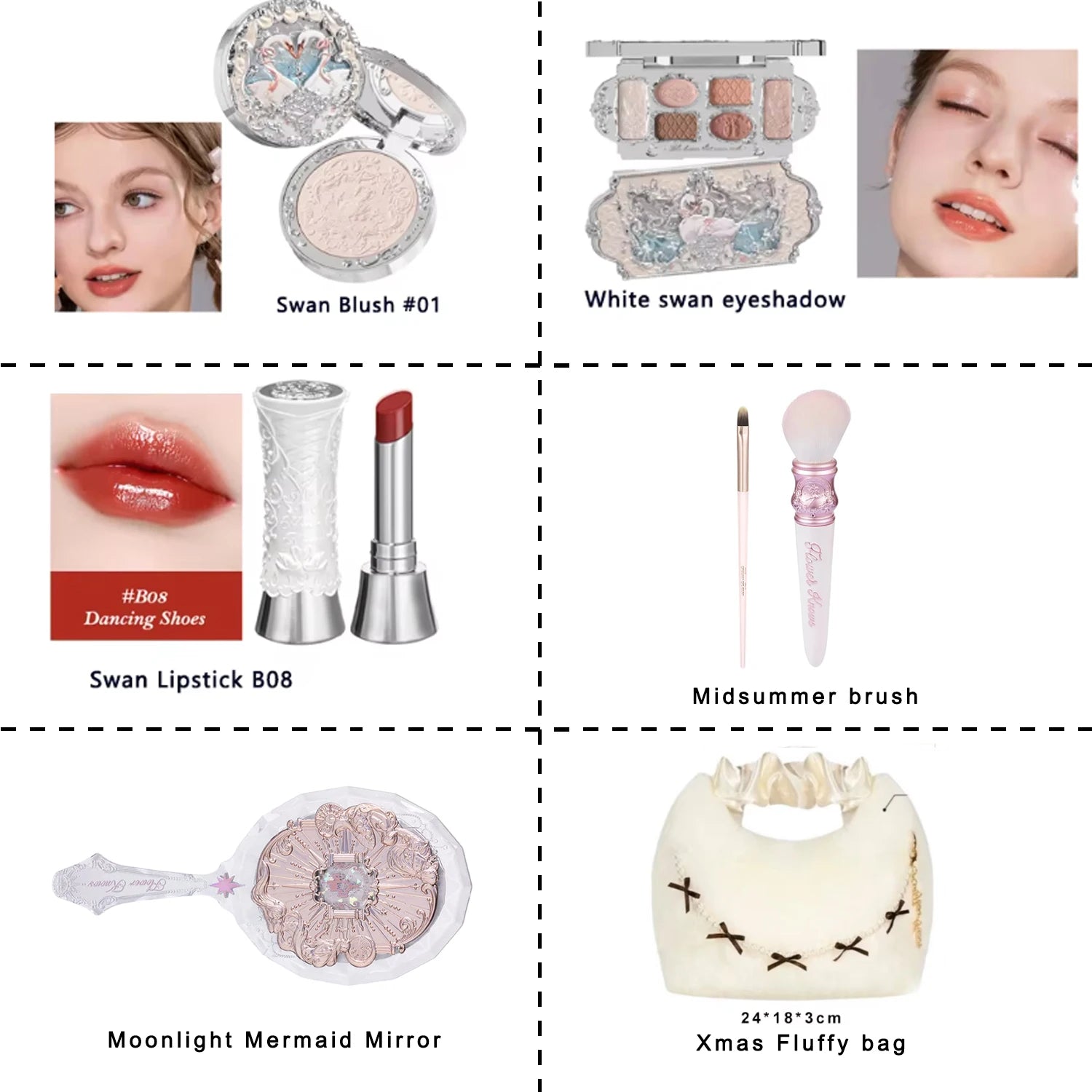 Flower Knows Swan Ballet Collection 6 Color Palette Embossed Blush Shine Lipstick Fairy Tale Ballet Makeup Gift Set