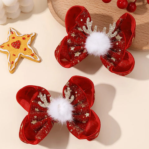 2Pcs Christmas Star Bow Hair Clips Glitter Antler Bownot Hairpins Vintage Velvet Barrette For Girls Xmas Headwear Accessories