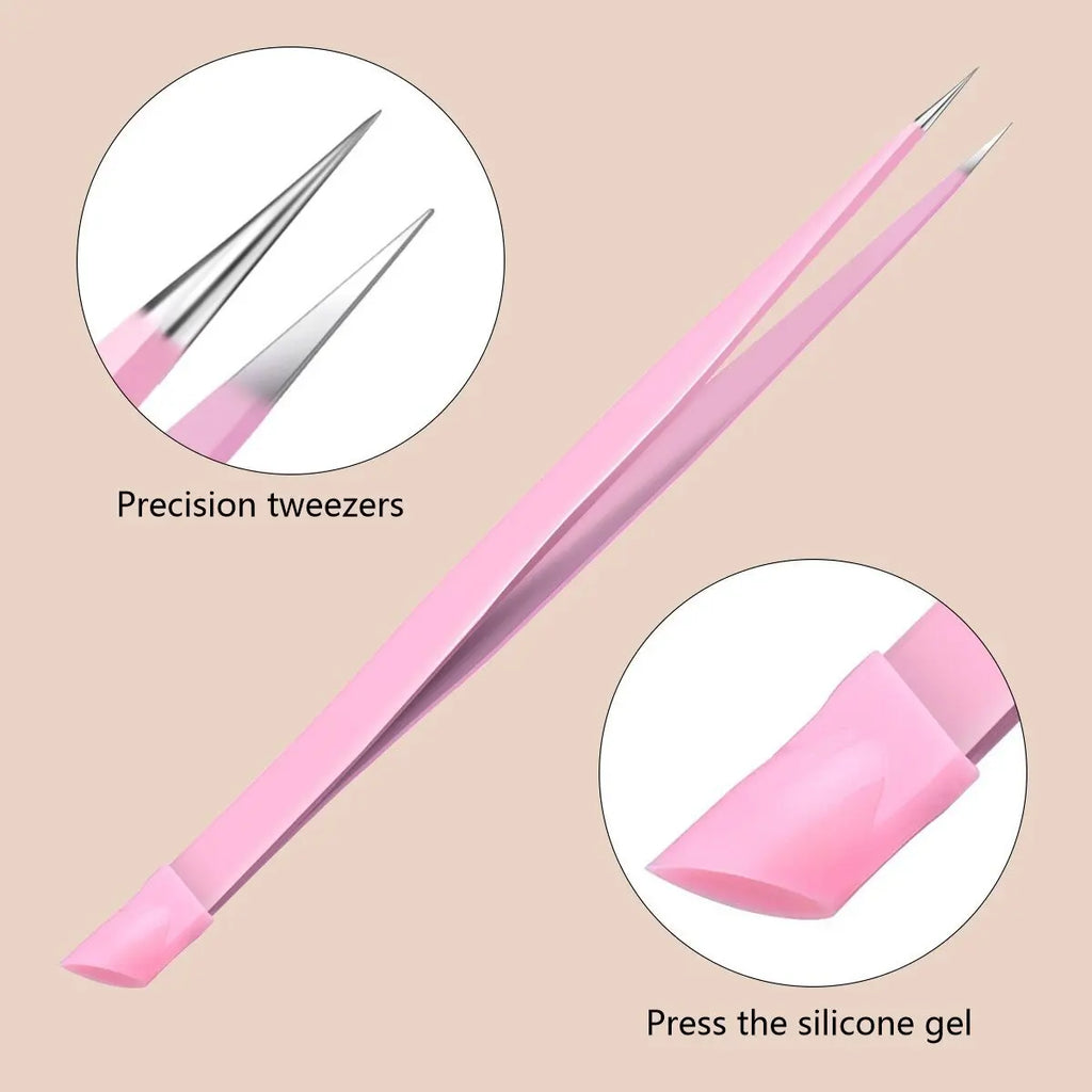 Multi functional nail double ended tweezers with silicone pressure bar, stickers, adhesive drill, clip drill, eyebrow clip