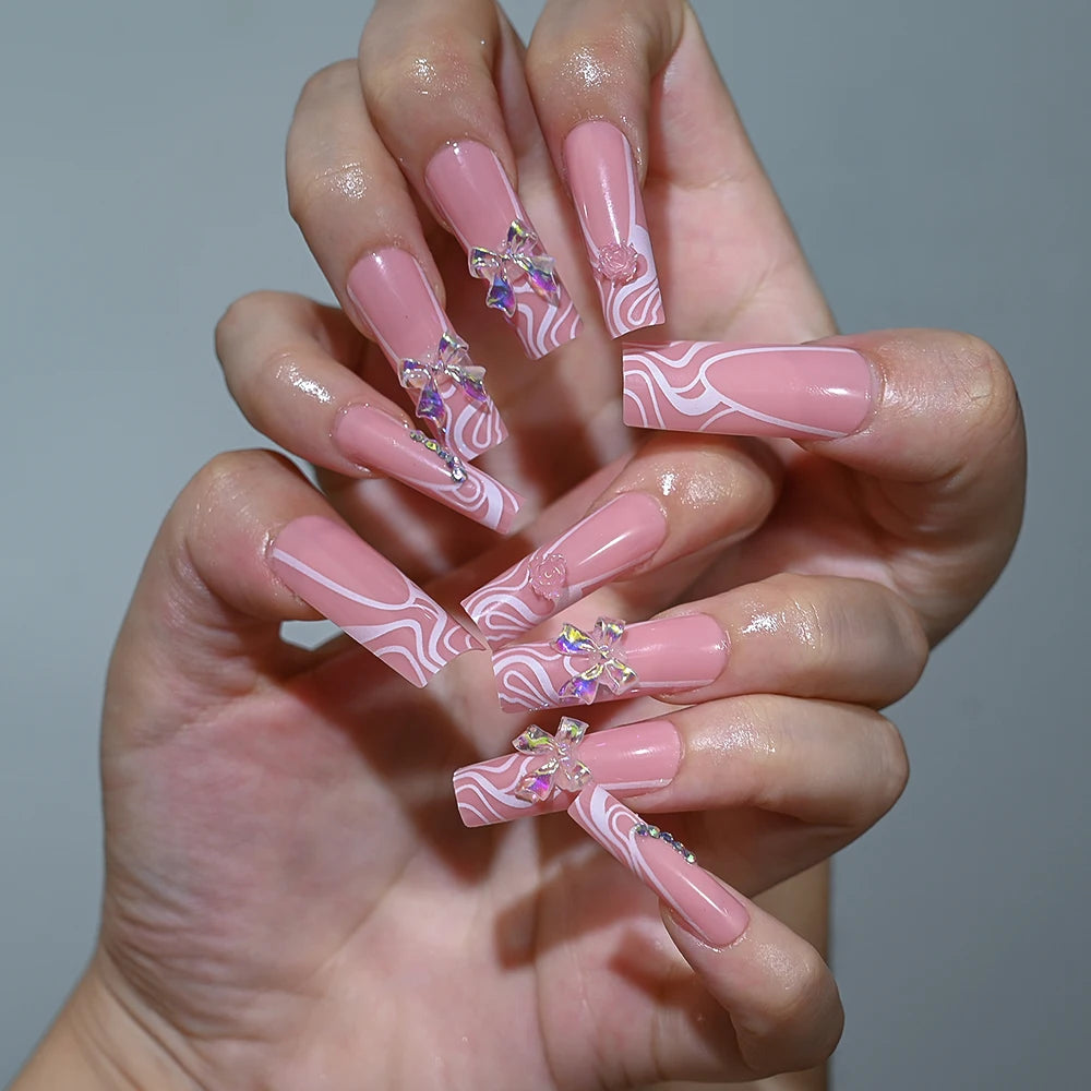 3D Flower Design French Fake Nails Love Bow Decor Mid-length Coffin Ballet Press on Nail Korean Sweet Bride Lady Fake Nails