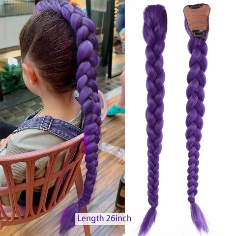 Synthetic Braided Purple Hair Ponytail Rumi Costume Hairstyle 26inch Long Ponytail with Clips for Kids Girls Halloween Christmas