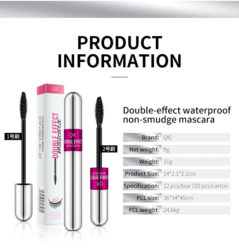 QIC Double Effect 4D Mascara Waterproof Long Curl Natural Thick Eyelash 2-in-1 Black Mascara with 2 Brush Heads