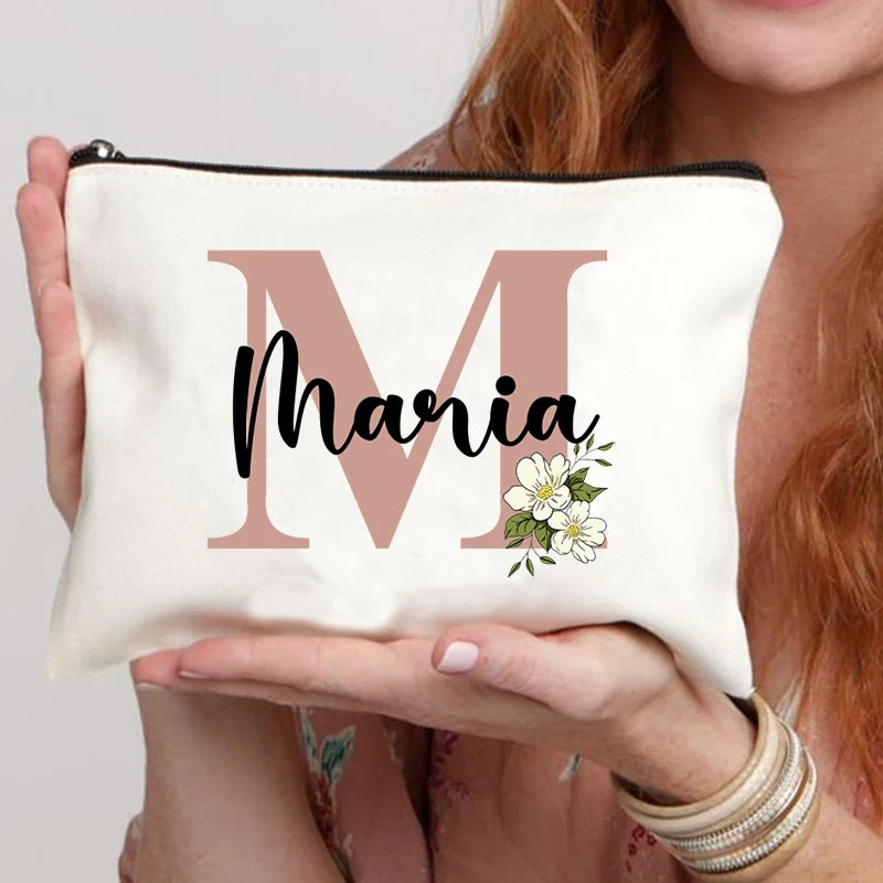 Floral Letters Custom Name Makeup Bag Best Gift for Bridesmaid Teachers Friends Women Purse Personalise Gift for Birthday