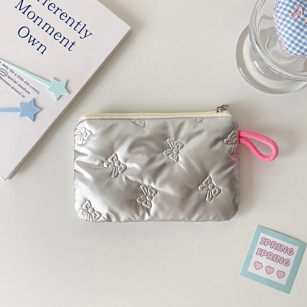 Instagram Bow Silver Shiny Makeup Bag Small Portable Carrying Bag Earphones Data Cable Storage Bag Wallet