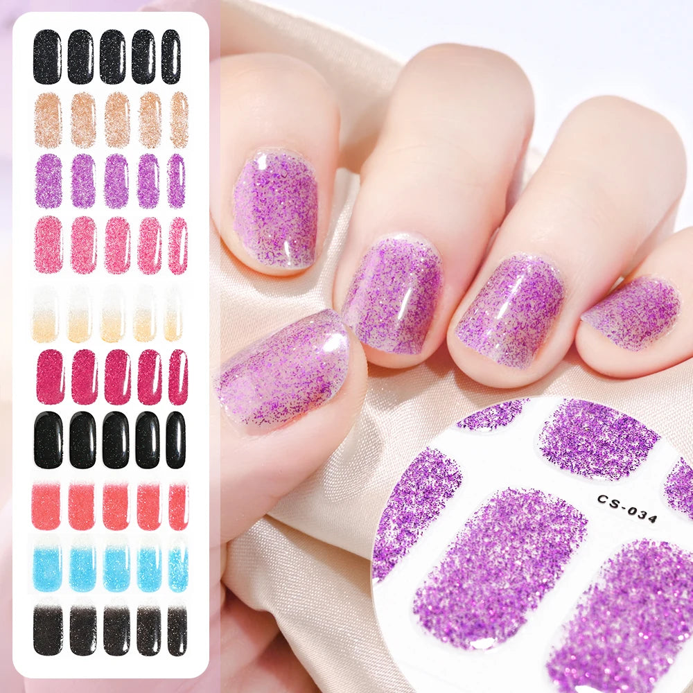 16Tips French Black Semi-Cured Nail Stickers With Glitter Long-Lasting UV Gel Nail Polish Wraps Full Cover Nail Art Decals Patch