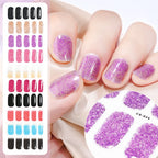16Tips French Black Semi-Cured Nail Stickers With Glitter Long-Lasting UV Gel Nail Polish Wraps Full Cover Nail Art Decals Patch