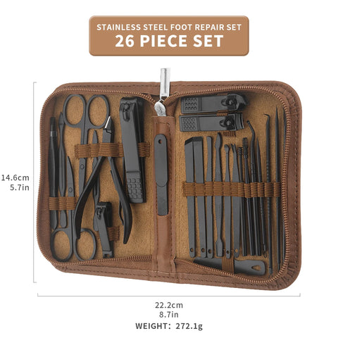 26 pieces brown nail kit Nail clipper kit, stainless steel nail travel kit, nail care kit with luxury storage box