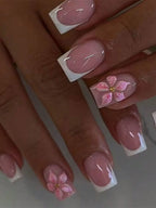 24Pcs 3D Floral French Gel Nail Stickers with Pearls, Press On Nails Set Includes Jelly Gel & Nail File