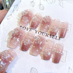 Glitter Fairy Rhinestone False nail Tips for Bride lady Wearable Sweet Crystal Design Press on Nails Mid Length Fake Nail Patch