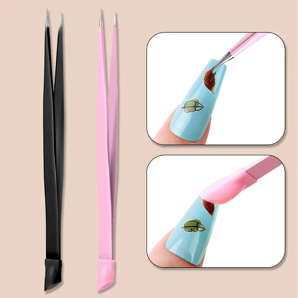 Multi functional nail double ended tweezers with silicone pressure bar, stickers, adhesive drill, clip drill, eyebrow clip