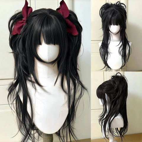 Synthetic Long Curly Wavy Lolita Wig with Bangs Double ponytail Wig Girl Cute Blonde Cosplay Party Halloween Christmas Wig