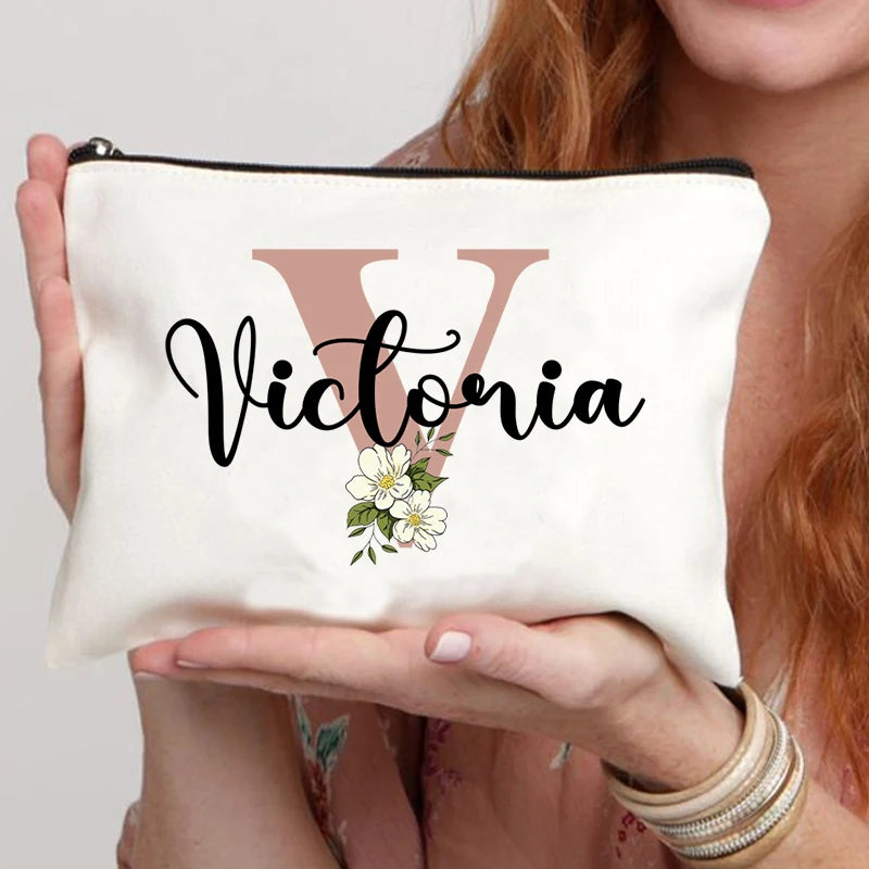 Floral Letters Custom Name Makeup Bag Best Gift for Bridesmaid Teachers Friends Women Purse Personalise Gift for Birthday