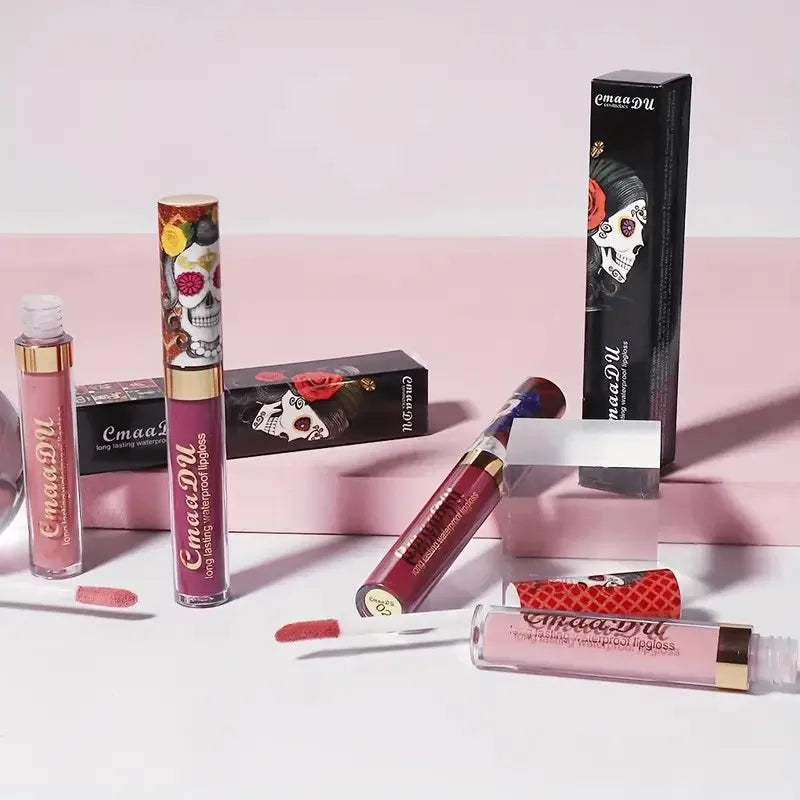 1pcs Matte Lip Gloss - Long-Lasting, Waterproof, Non-Fading, for All Skin Types - Vibrant Red Shades with Floral & Skull Designs