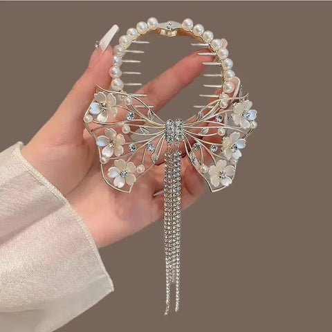 Flower Tassel Hair Clip Women Ladies Butterfly Rhinestone Pearl Metal Hair Claw Round Bun Ponytail Holder Hair Accessories