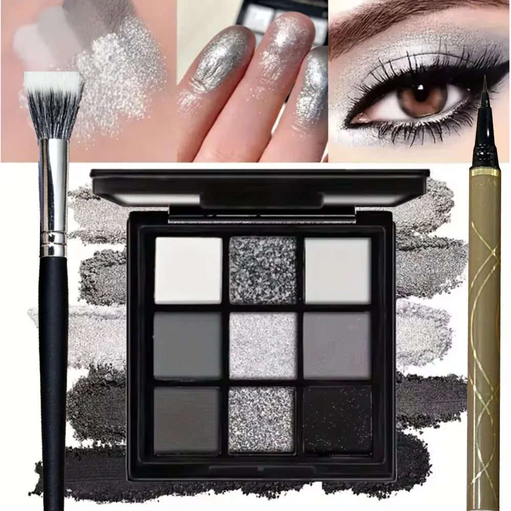 Nine-color eyeshadow palette Makeup Brush, gray-pink smoky makeup, matte pearlescent silkworm brightening makeup