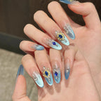 10pcs Handmade Press on Nails Green Flower Print Short Oval Head Fake Nails Wearable Glitter Green Cat Eye False Nail Tips